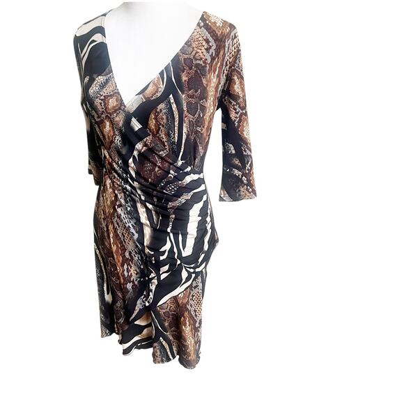 Joseph Ribkoff Animal Print Faux Wrap Dress Sz 8 Draped Front Stretch Above Knee - Picture 2 of 11